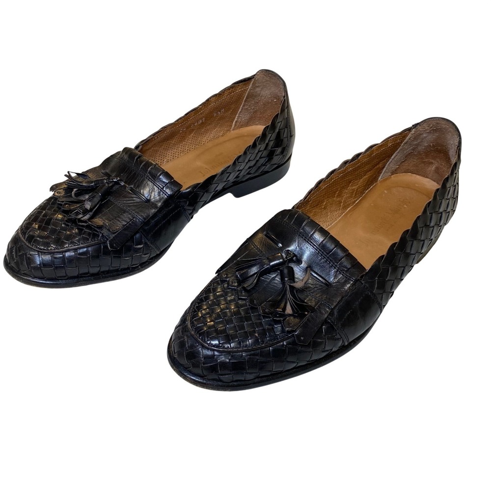 Johnston & Murphy‎ Woven Leather Tassel Loafers Men's 9.5 M Black Italy Slip On